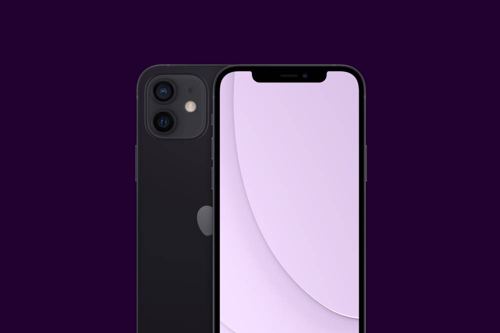 Fram- och baksida på iPhone 12 i färgen svart, på mörklila bakgrund. 